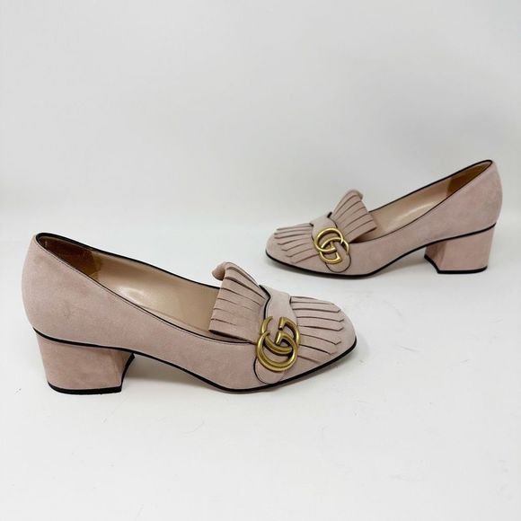 Gucci Pink Heeled Loafers with Gold Accent - Picture 8 of 14